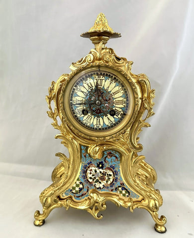 French Ormolu and Champleve Mantle Clock. Enamel Dial, Roman Numerals Circa 1890