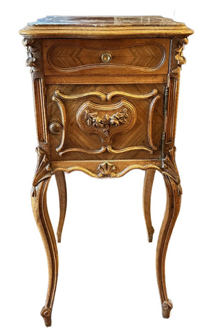 French Nightstand. Carved Walnut Marble Top. Circa 1880.