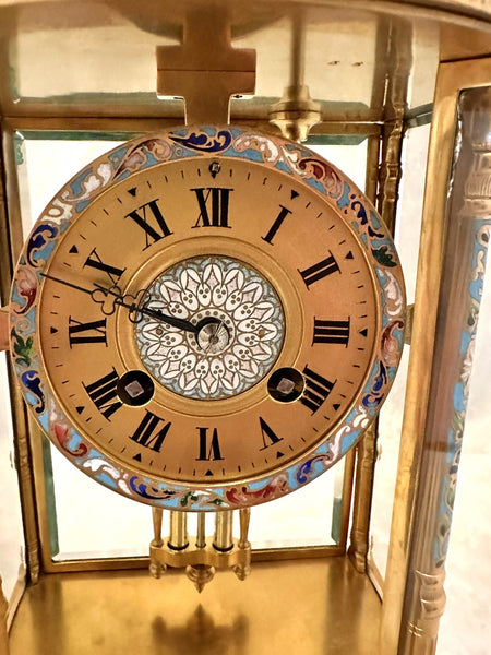 French Crystal Regulator Clock. Brass and Cloisonne. Late 19th C