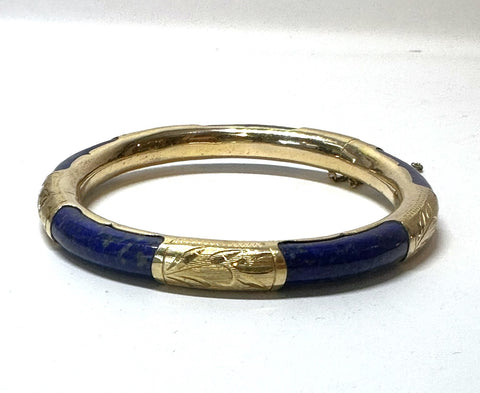 Chinese Bangle Bracelet. 14k Yellow Gold and Lapis Engraved Leaves. Safety Chain