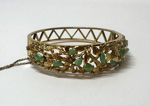 Chinese Bangle Bracelet. 14k Yellow Gold and Jade. Leaf Design.