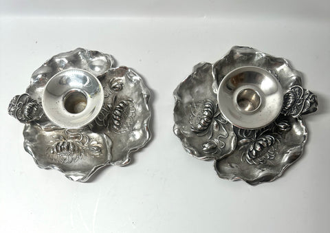 Pair Chambersticks. Unger Brothers Sterling Silver. Lily Pad and Flowers.