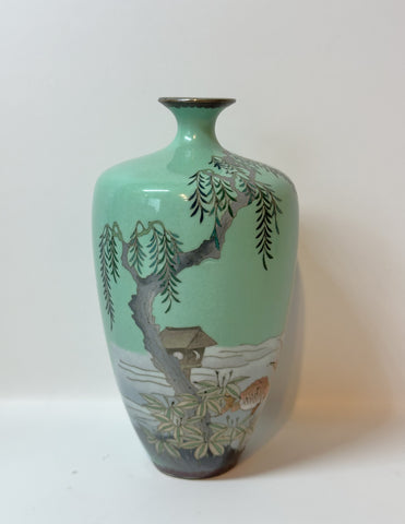 Japanese Cloisonne Vase. Goldfish, Pale Green Ground. Circa 1900. 4 3/4"