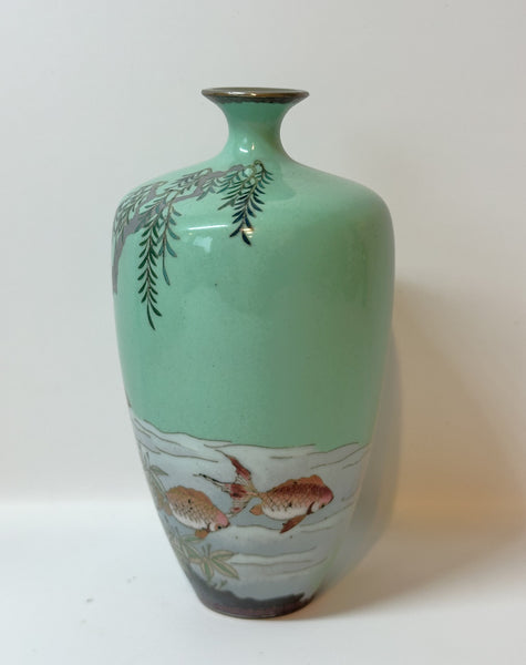 Japanese Cloisonne Vase. Goldfish, Pale Green Ground. Circa 1900. 4 3/4"