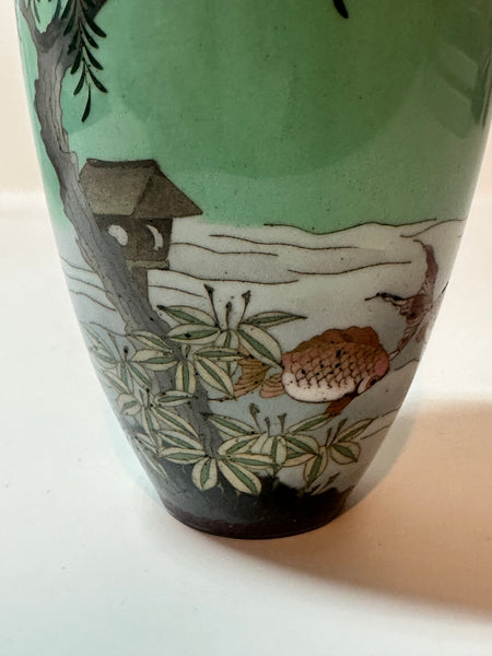 Japanese Cloisonne Vase. Goldfish, Pale Green Ground. Circa 1900. 4 3/4"