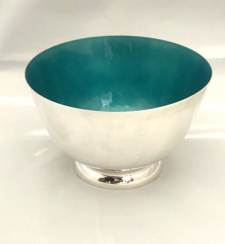 Towle Sterling Silver Bowl with Turquoise Enamel Interior. 5 3/4" D x 3 1/2" H