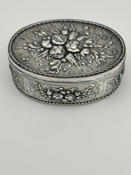 German 800 Silver Repousse Box. Fruits and Leaves. Circa 1890. 5 1/4" x 3 1/2"