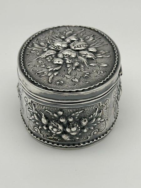 German 800 Silver Repousse Box. Fruits and Leaves. Circa 1890. 5 1/4" x 3 1/2"