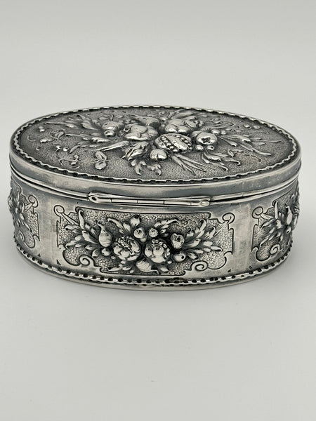 German 800 Silver Repousse Box. Fruits and Leaves. Circa 1890. 5 1/4" x 3 1/2"