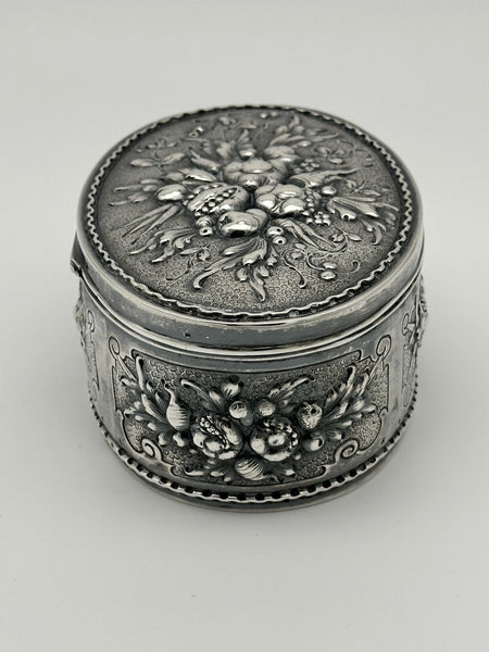 German 800 Silver Repousse Box. Fruits and Leaves. Circa 1890. 5 1/4" x 3 1/2"