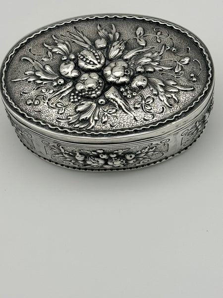 German 800 Silver Repousse Box. Fruits and Leaves. Circa 1890. 5 1/4" x 3 1/2"