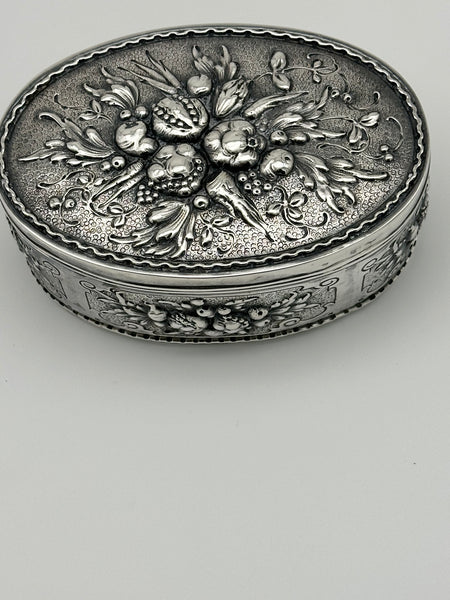 German 800 Silver Repousse Box. Fruits and Leaves. Circa 1890. 5 1/4" x 3 1/2"