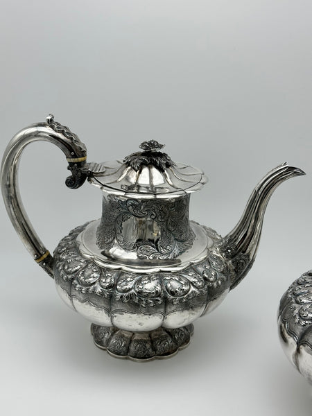 Georgian George IV Four Piece Tea Set English Sterling London 1828. Rose Finial