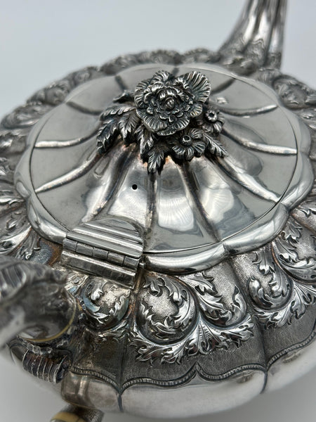 Georgian George IV Four Piece Tea Set English Sterling London 1828. Rose Finial