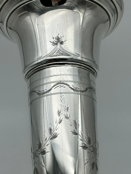 13" American Sterling Silver Trumpet Vase. Engraved Flowers. No Monogram.