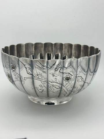 Large Japanese Silver Bowl. Ribbed Sides. Cherry Blossoms and Pine Trees. Jungin