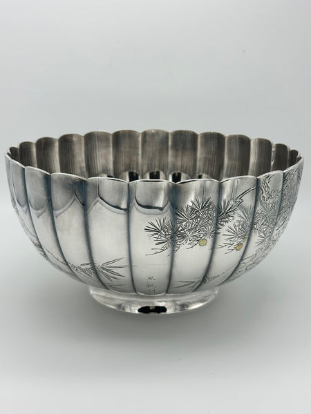 Large Japanese Silver Bowl. Ribbed Sides. Cherry Blossoms and Pine Trees. Jungin