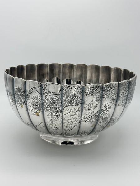 Large Japanese Silver Bowl. Ribbed Sides. Cherry Blossoms and Pine Trees. Jungin