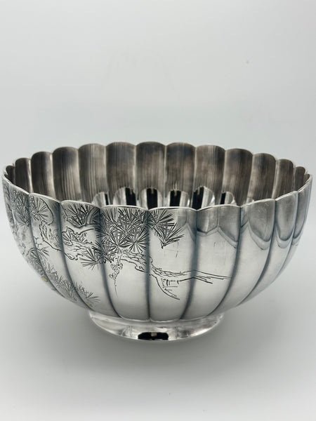 Large Japanese Silver Bowl. Ribbed Sides. Cherry Blossoms and Pine Trees. Jungin