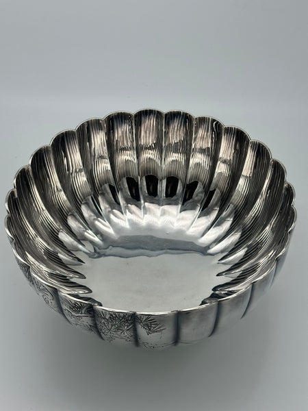 Large Japanese Silver Bowl. Ribbed Sides. Cherry Blossoms and Pine Trees. Jungin