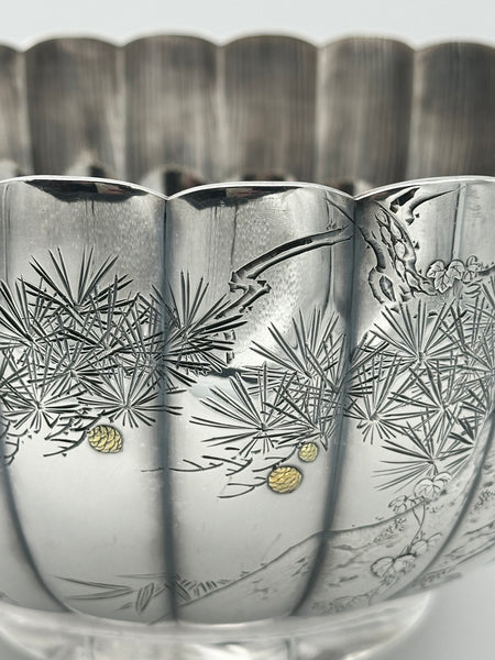 Large Japanese Silver Bowl. Ribbed Sides. Cherry Blossoms and Pine Trees. Jungin