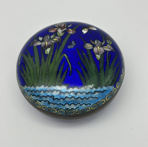 Circular Covered Box. Japanese Ginbari Cloisonne. Iris Flower Circa 1930. 3/4" D