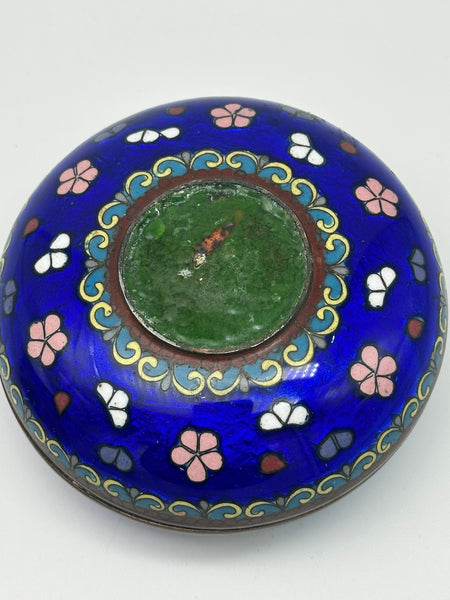 Circular Covered Box. Japanese Ginbari Cloisonne. Iris Flower Circa 1930. 3/4" D