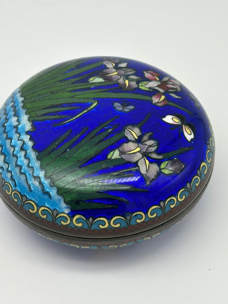 Circular Covered Box. Japanese Ginbari Cloisonne. Iris Flower Circa 1930. 3/4" D