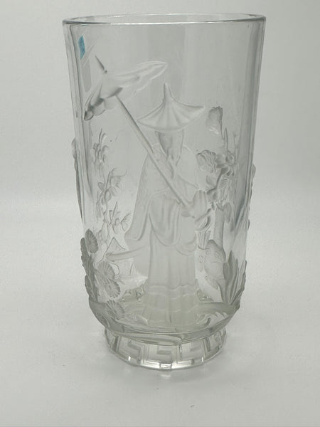 Signed Verlys Glass Vase. Mandarin Chinoiserie. 9 1/2" H