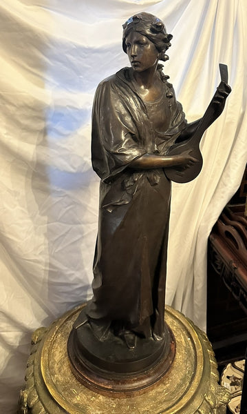 Large German Bronze by Ludwig Durnbauer (1860-1895) Woman with Lute 30 1/4" H