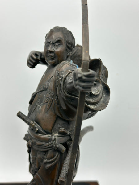 Japanese Bronze Archer Sculpture on Wood Base. Artist Signed. Meiji Period.