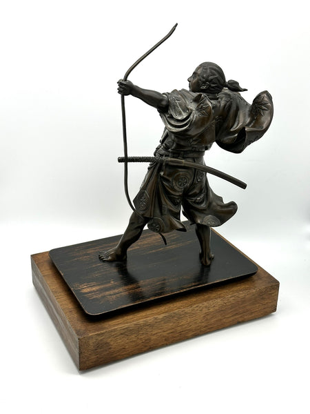 Japanese Bronze Archer Sculpture on Wood Base. Artist Signed. Meiji Period.