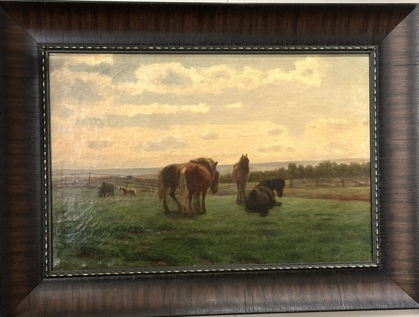 Reiner Dahlen (1837-1874) German. Oil Painting on Canvas of Horses in Pasture.