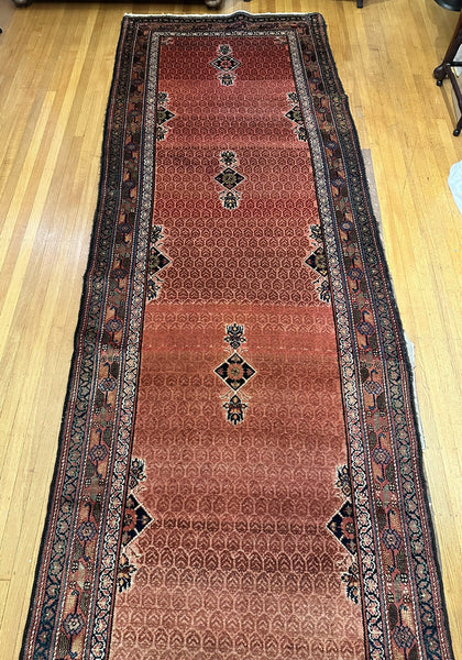 Long Oriental Runner. Orange/Red with Blue. 15' x 3' 4.5".