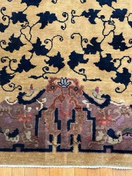 Chinese Area Rug. Beige Ground Purple Border. Circa 1920s. 7' 8" x 4' 5.5"