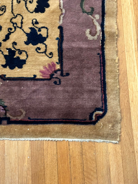 Chinese Area Rug. Beige Ground Purple Border. Circa 1920s. 7' 8" x 4' 5.5"