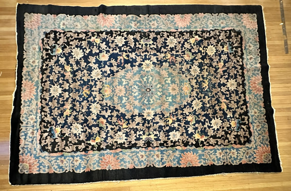 Chinese Area Rug. Dark Blue with Pink and Blue Border. Early 20th C. 6' x 8' 8"