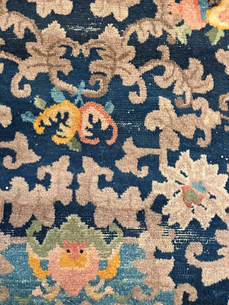 Chinese Area Rug. Dark Blue with Pink and Blue Border. Early 20th C. 6' x 8' 8"