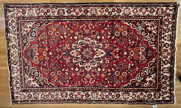 Afghan Rug. Red Ground with Cream Border. Circa 1920. 7' 8" x 4' 7". (CABE)