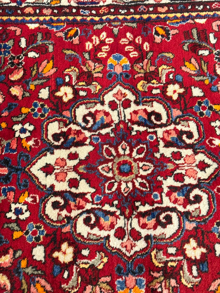 Afghan Rug. Red Ground with Cream Border. Circa 1920. 7' 8" x 4' 7". (CABE)