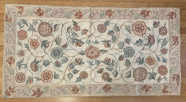 Rug. Hand Stitched. India 20th Century. Cream Pink and Blue Flowers. 48" x 25"