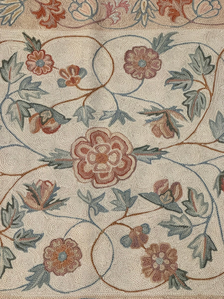 Rug. Hand Stitched. India 20th Century. Cream Pink and Blue Flowers. 48" x 25"