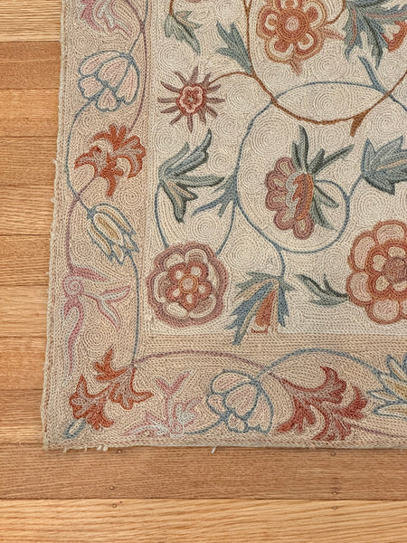 Rug. Hand Stitched. India 20th Century. Cream Pink and Blue Flowers. 48" x 25"