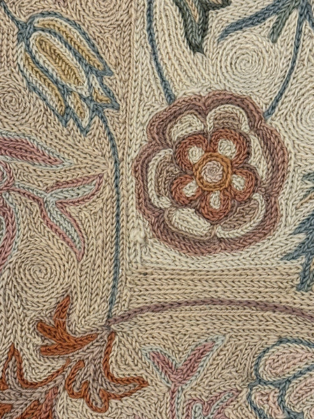 Rug. Hand Stitched. India 20th Century. Cream Pink and Blue Flowers. 48" x 25"