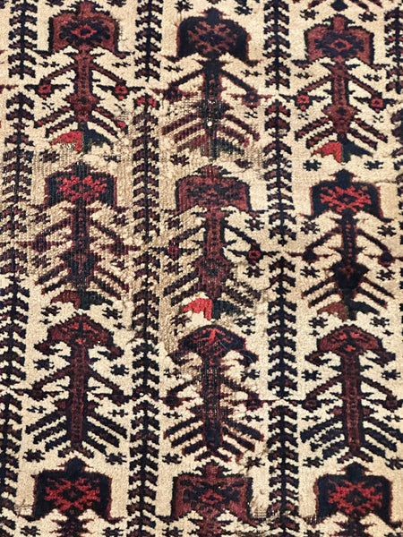 Area Rug. Afghan Early 20th Century. Cream, Dark Blue, Red. 50 1/2" x 31 "