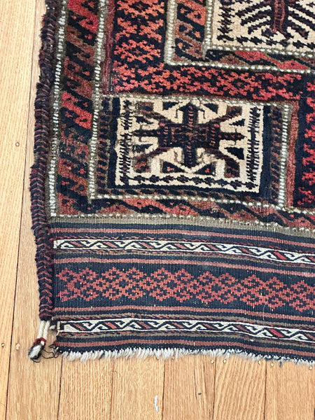 Area Rug. Afghan Early 20th Century. Cream, Dark Blue, Red. 50 1/2" x 31 "