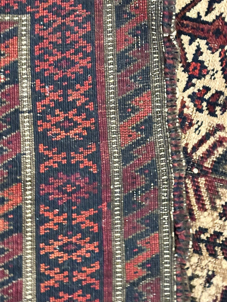 Area Rug. Afghan Early 20th Century. Cream, Dark Blue, Red. 50 1/2" x 31 "