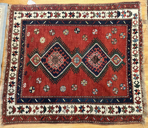 Rug. Afghan. Red Ground, Greens, Blues, White. Circa 1920. 50" x 44" (CABE)