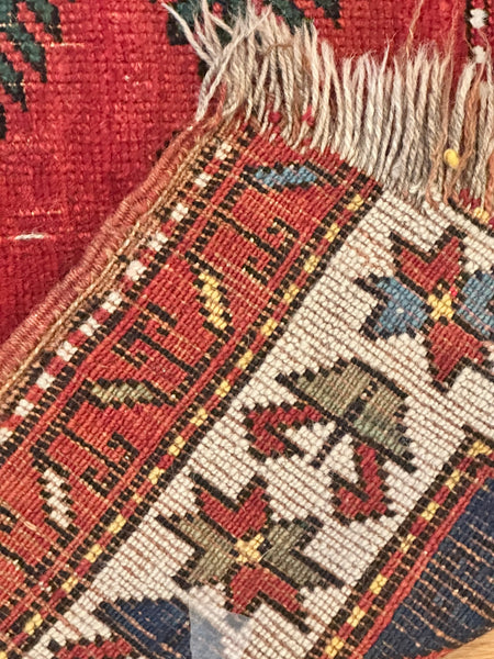 Rug. Afghan. Red Ground, Greens, Blues, White. Circa 1920. 50" x 44" (CABE)