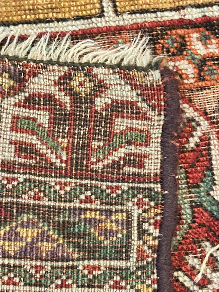 Rug. Caucasian. Tan Ground, Greens, Red, and Blue. Circa 1910. 34" x 26" (CABE)